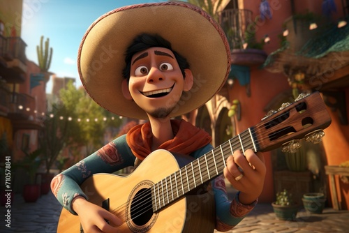 An outdoor scene with a happy musician wearing a sombrero, playing an acoustic guitar
