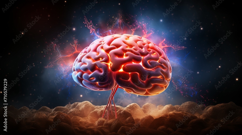 Enigmatic cosmic intellect vibrant brain in mesmerizing galaxy with blue and red lights. Enigmatic cosmic intellect vibrant brain in mesmerizing galaxy with blue and red lights.