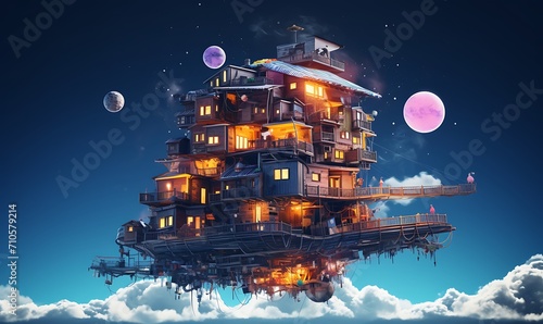 Photorealistic flying house, many details, Ultra detailed, octane render in sky neon collors. Generative Ai