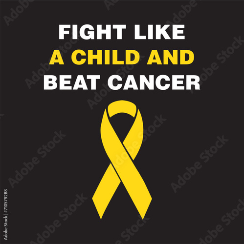 Cartel Lucha como una niña y vence el cáncer con un lazo amarillo sobre un fondo negro. Vector