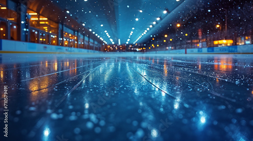The reflection of overhead lights on the glossy surface of the rink.