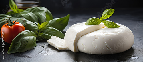 Fresh Ricotta cheese with basil leaf on black rustic table. selected focus. Fresh Ricotta Cheese Delight photo
