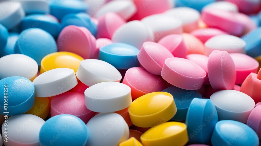 Colorful pharmacy pills forming a massive and eye catching pile for medical backgrounds