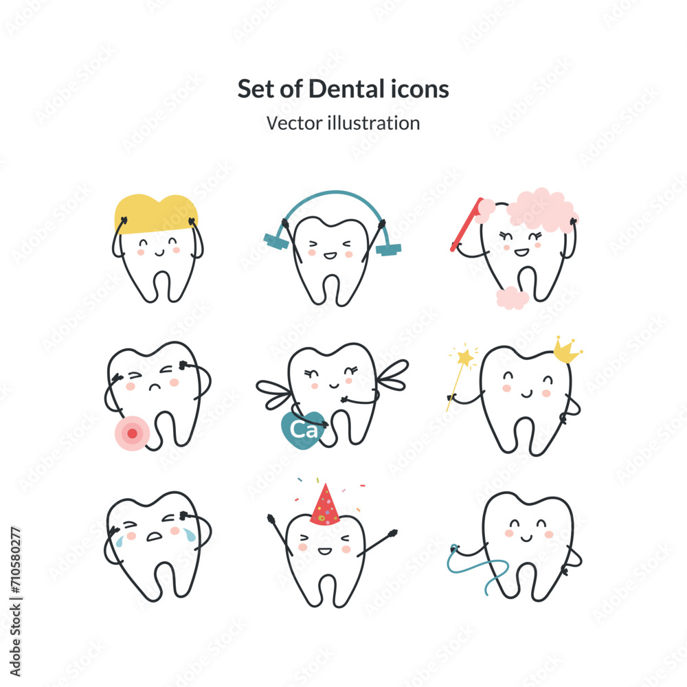 Set of cartoon teeth icons vector illustration. Dental outline icons. healthy teeth vector icons. Doodle Teeth fairies. Concept of medical cabinet, children dentistry.