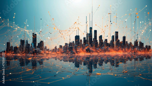 Abstract cityscape of connected particles. Digital metropolis that pulsates