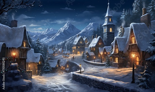 Snowy village with illuminated windows on a cold winter night. Generative Ai