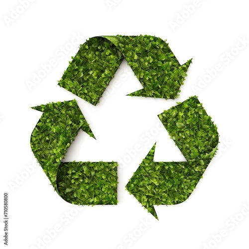 Recycling symbol made of green grass on white background.