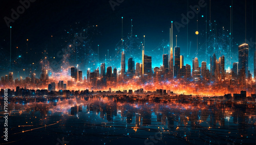 Abstract cityscape of connected particles. Digital metropolis that pulsates
