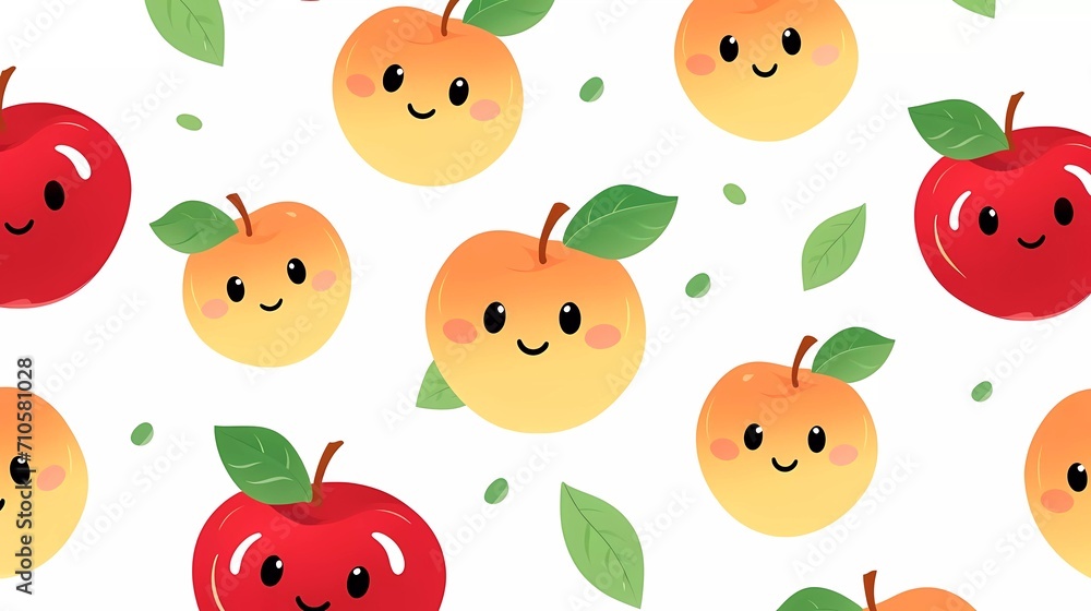 cute fruit pattern smiling apple on minimalist background. generative ai cute fruit pattern smiling apple on minimalist background. generative ai