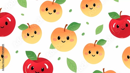 cute fruit pattern smiling apple on minimalist background. generative ai