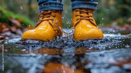Close-up of yellow boots splashing in a puddle during rainy weather