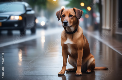 A lonely street mongrel brown dog in a collar is sitting on an asphalt road, cars are driving nearby, after the rain. The concept of a lost dog, an abandoned dog, and irresponsibility.