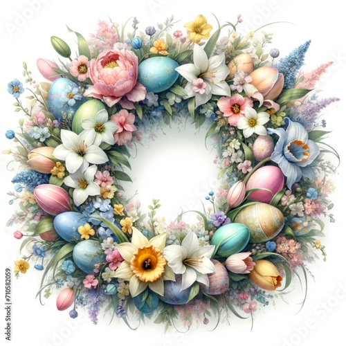 An illustration of an Easter wreath with pastel colored flowers , rendered in watercolor style.