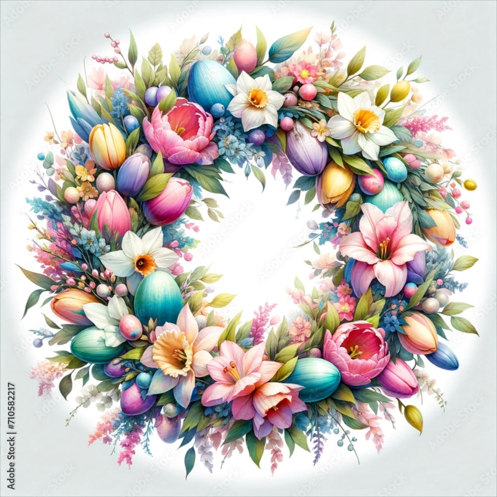 An illustration of an Easter wreath with pastel colored flowers , rendered in watercolor style. An illustration of an Easter wreath with pastel colored flowers , rendered in watercolor style.