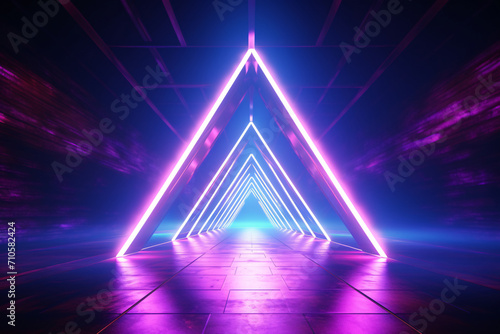 Neon light abstract background. Triangle tunnel or corridor pink blue neon glowing lights. Laser lines and LED technology create glow in dark room. Cyber club neon light stage room.