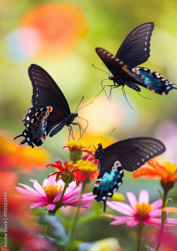 Fototapeta premium Butterflies with intricate patterns on vibrant flowers, natural background