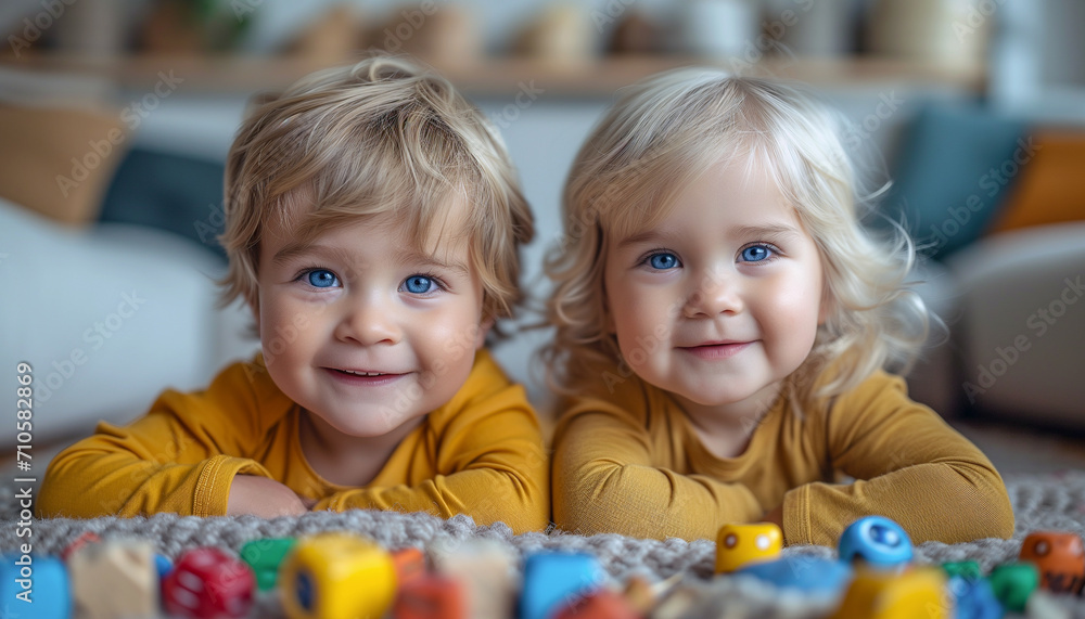 Two adorable blonde toddlers with blue eyes looking at camera, little boy and girl sister and brother portrait. Two adorable blonde toddlers with blue eyes looking at camera, little boy and girl sister and brother portrait.