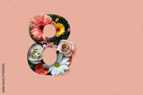 International women's day concept - paper cutout template of number eight with flowers in background photo