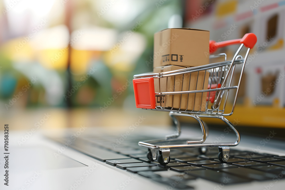 Digitales Einkaufen im Miniaturformat: E-Commerce-Konzept mit Mini-Einkaufswagen und Laptop, gefüllt mit Pakete