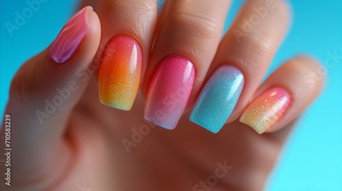 Vibrant summer ombre manicure on female hand against blue background