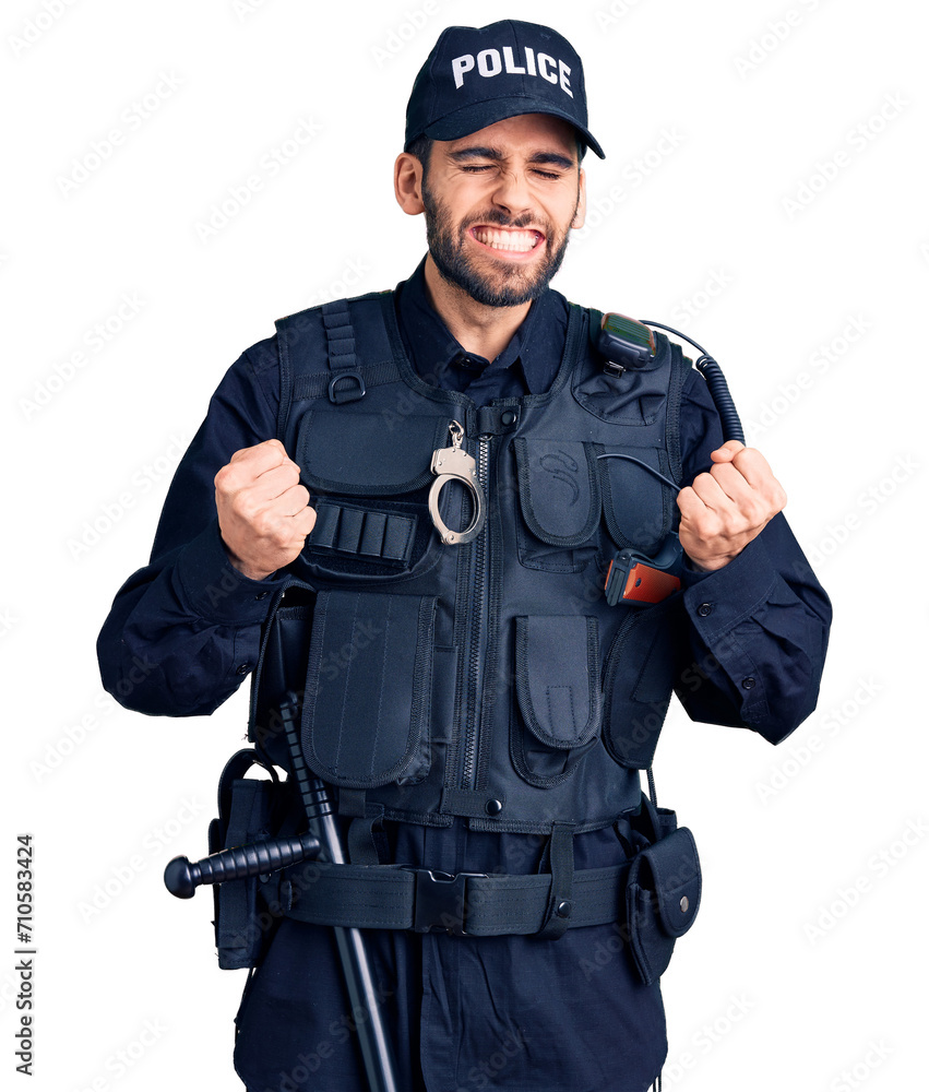 Young handsome man with beard wearing police uniform excited for success with arms raised and eyes closed celebrating victory smiling. winner concept. Young handsome man with beard wearing police uniform excited for success with arms raised and eyes closed celebrating victory smiling. winner concept.