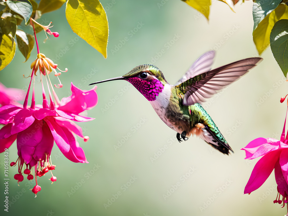 Fototapeta premium Hummingbird in flight with pink flowers in the background,