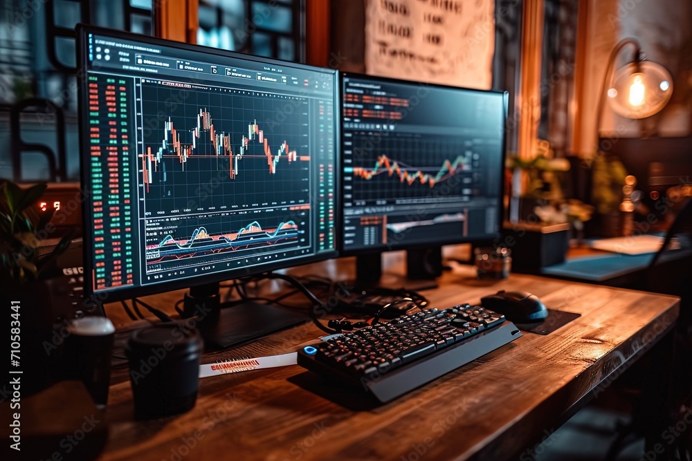 Close-up of the computer with coffee cup and glowing forex index chart with grid on blurry background. Market, finance, and online trading concepts.