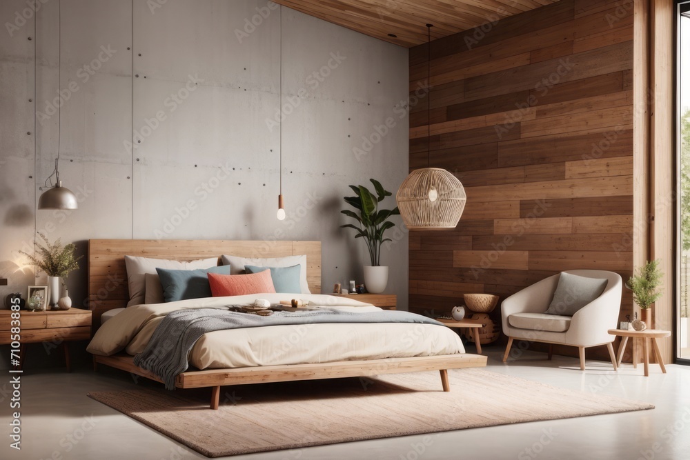Bohemian interior home design of modern bedroom with wooden bed and wooden wall Bohemian interior home design of modern bedroom with wooden bed and wooden wall