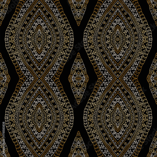 Seamless pattern, black and gold ikat print from rhombus geometrical ornaments 