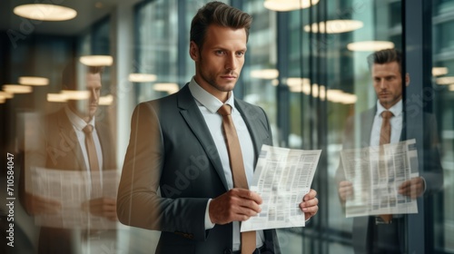 A confident young man, the CEO of a company in a suit, with paper in his hands, standing in a modern office. Photo through the glass. Business, The success of the concept.
