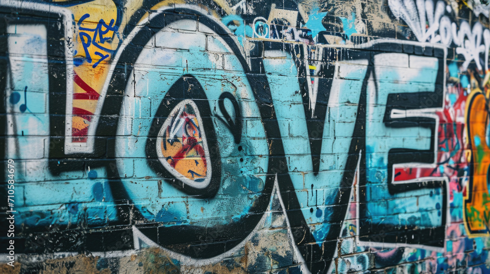 Street art featuring the word LOVE in vibrant colors on backdrop of graffiti Street art featuring the word LOVE in vibrant colors on backdrop of graffiti