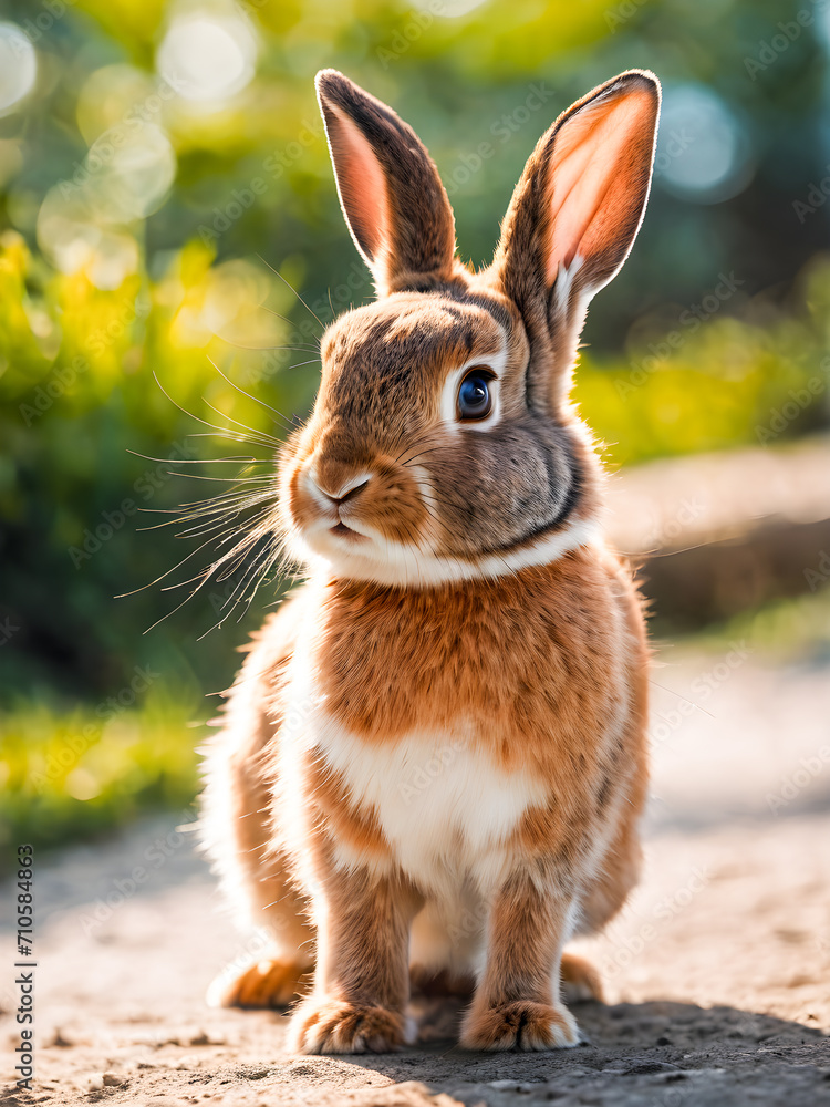 Fototapeta premium Portrait of a cute red rabbit in the garden, close-up