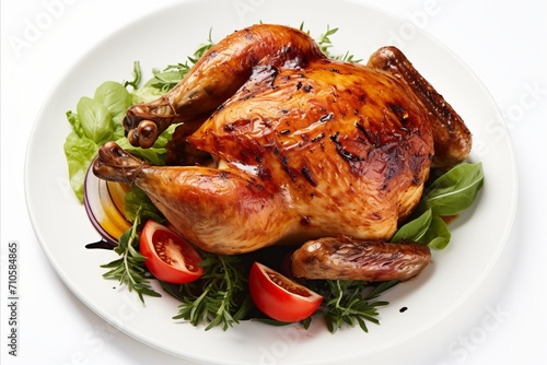 Deliciously roasted chicken with crispy skin on isolated white background top view, above view