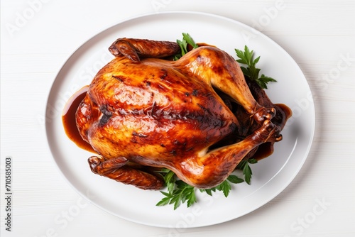 Deliciously roasted chicken on isolated white background top view of mouthwatering poultry dish