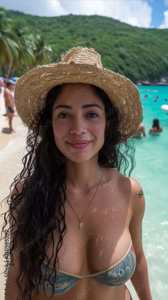 Happy woman enjoying tropical beach vacation in straw hat and bikini
