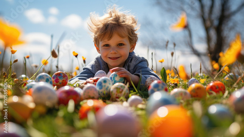 Happy child with colorful Easter eggs in sunny field, eggs hunting