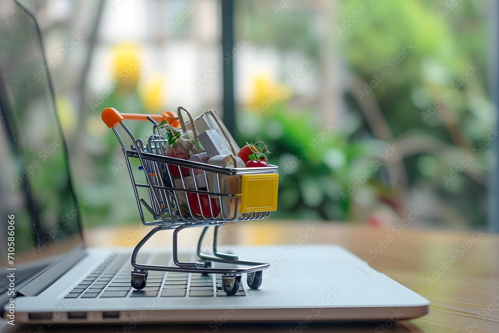 Digitales Einkaufen im Miniaturformat: E-Commerce-Konzept mit Mini-Einkaufswagen und Laptop, gefüllt mit verschiedenen Waren