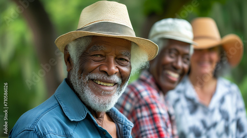 Portrait of happy elderly African American man wearing hat and blue shirt.