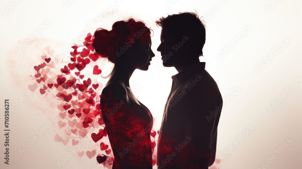 Silhouette of man and woman facing each other with red hearts floating around
