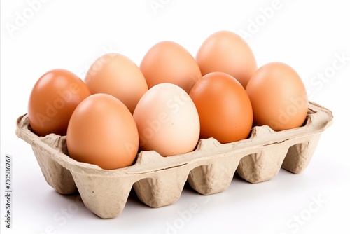 Close up of a neatly arranged box filled with fresh farm eggs, isolated on a clean white background © Ilja