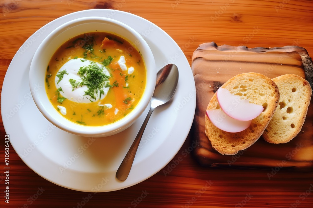 bowl of soup with a dollop of yogurt on top, bread on the side bowl of soup with a dollop of yogurt on top, bread on the side