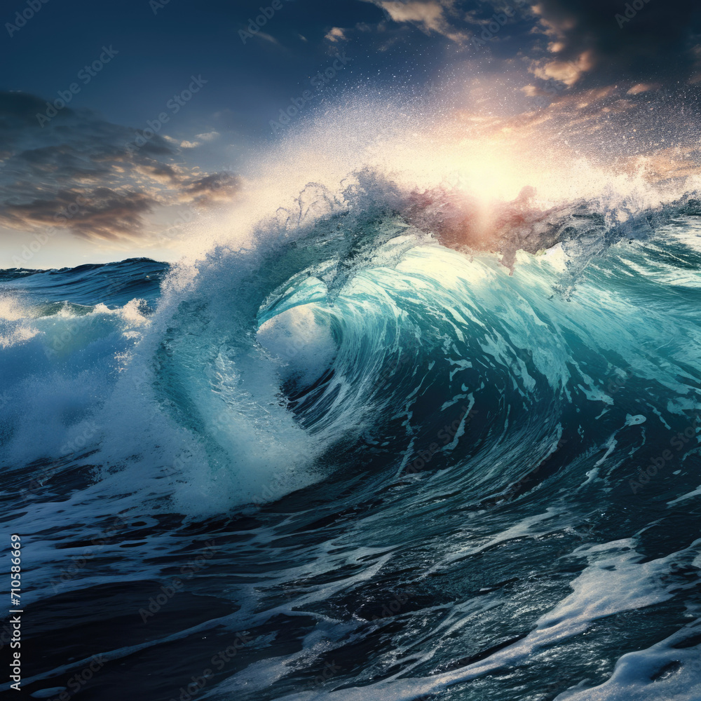Blue ocean wave with sun and blue sky background.
