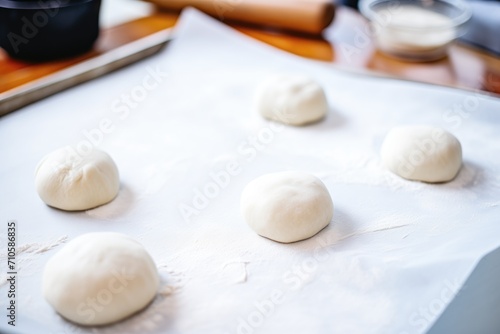 unbaked naan dough balls lined up on a floured surface