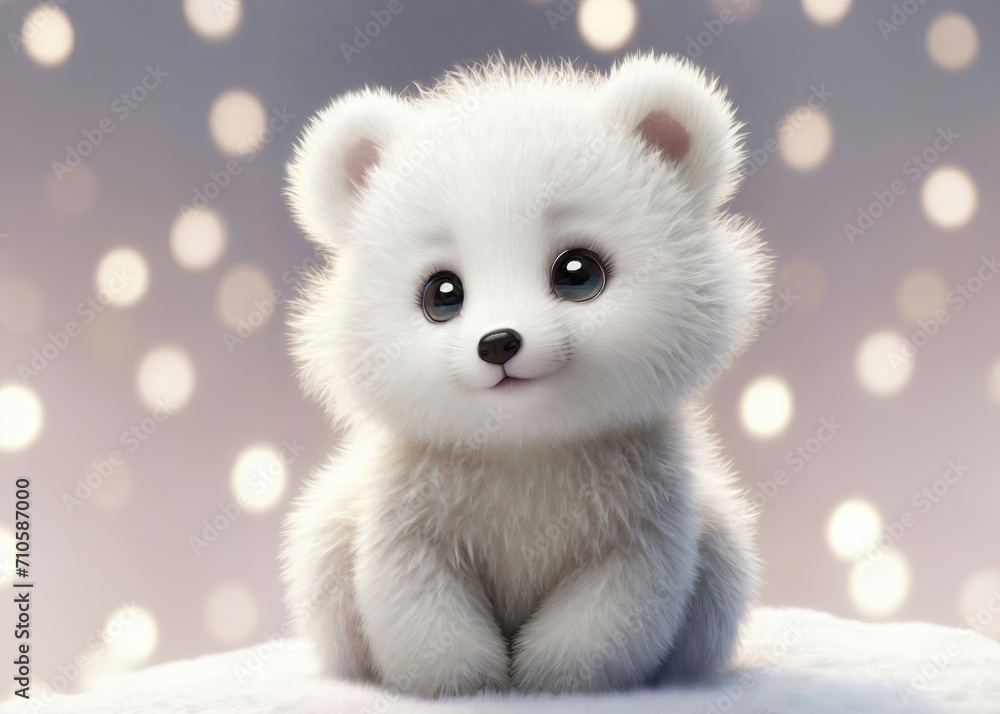 Cute white bear cub with big eyes in bokeh background