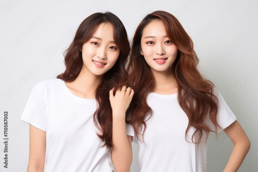 Portrait of two beautiful Asian girls on a light background. Young attractive Japanese women with long hair smile and look at the camera. Cosmetology, beauty, fashion Portrait of two beautiful Asian girls on a light background. Young attractive Japanese women with long hair smile and look at the camera. Cosmetology, beauty, fashion