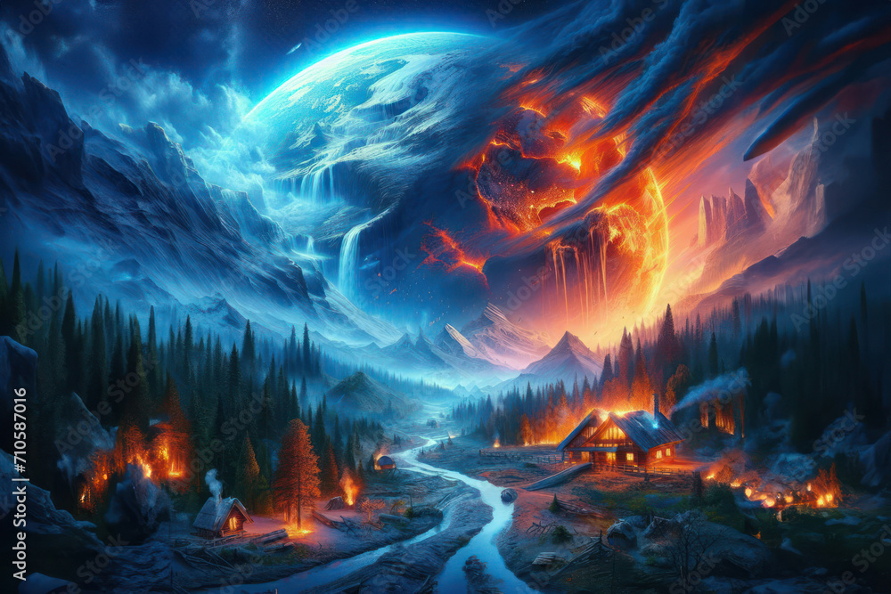 The illustration depicts climate change, its effects on nature and the