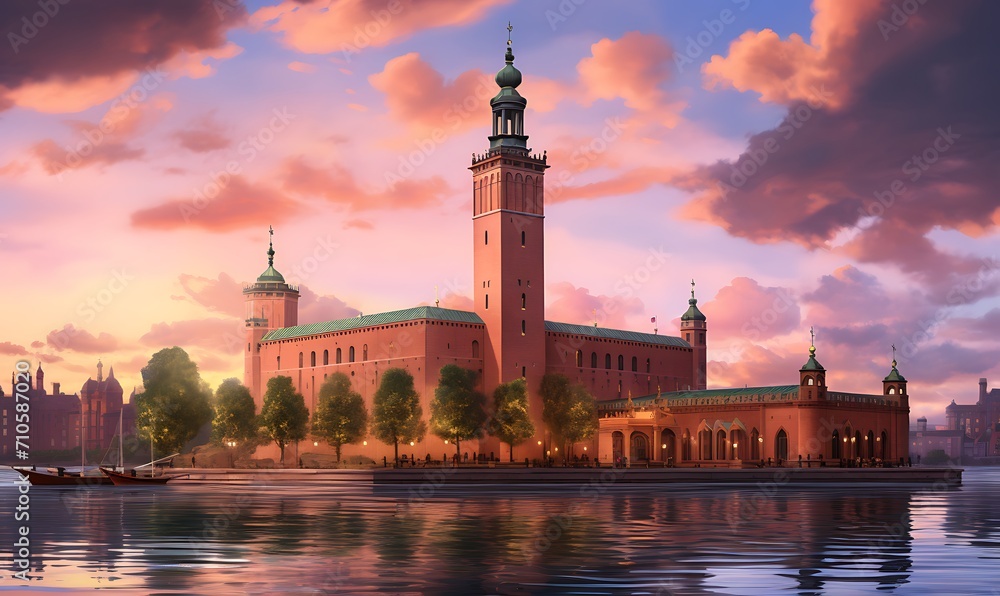 Stockholm city hall, but built in the medeival style, Photorealism, extreme detail, dusk, pink skies. Generative Ai

