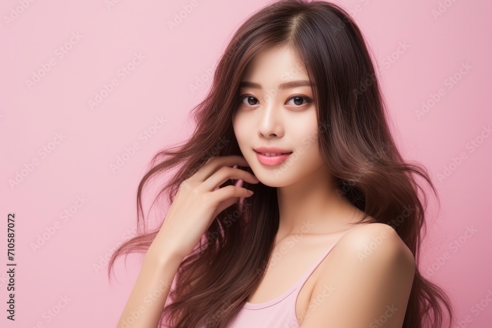 Portrait of beautiful Asian girl on pink background. Young attractive Japanese woman with long hair smiles and looks at the camera. Cosmetology, beauty, fashion Portrait of beautiful Asian girl on pink background. Young attractive Japanese woman with long hair smiles and looks at the camera. Cosmetology, beauty, fashion
