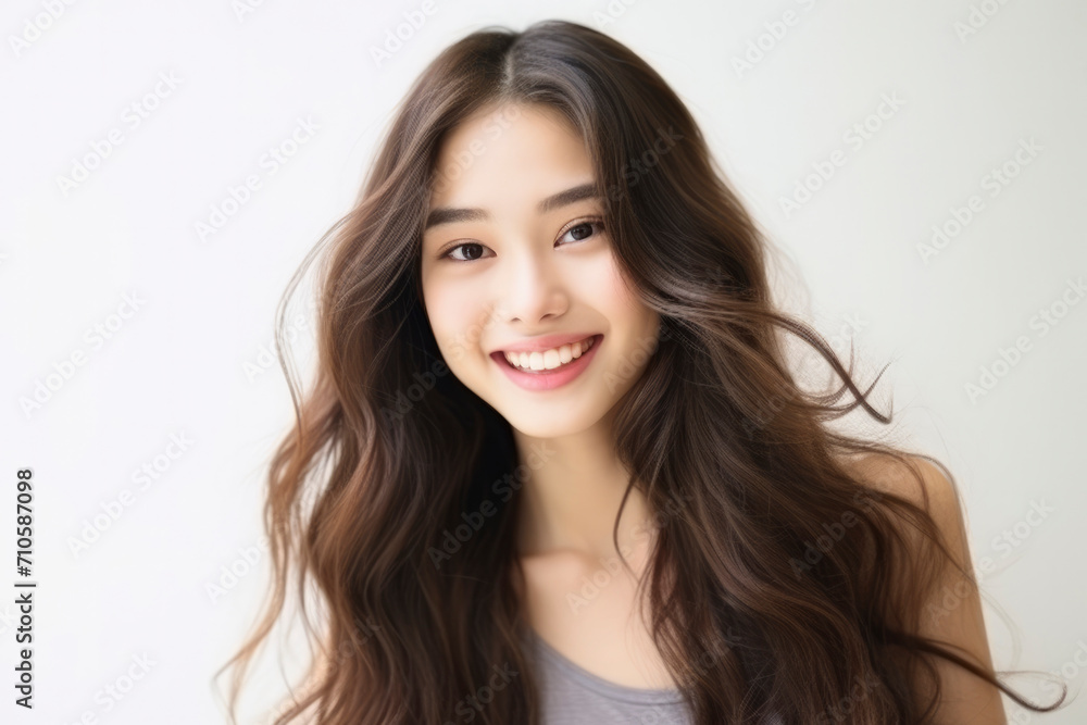 Portrait of beautiful Asian girl on light background. Young attractive Japanese woman with long hair smiles and looks at the camera. Cosmetology, beauty, fashion Portrait of beautiful Asian girl on light background. Young attractive Japanese woman with long hair smiles and looks at the camera. Cosmetology, beauty, fashion