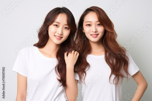 Portrait of two beautiful Asian girls on a light background. Young attractive Japanese women with long hair smile and look at the camera. Cosmetology  beauty  fashion